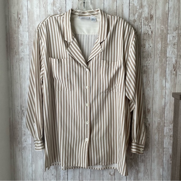 Edward Tops - Vintage Edward 100% Silk Striped Taupe/White Shirt Size M